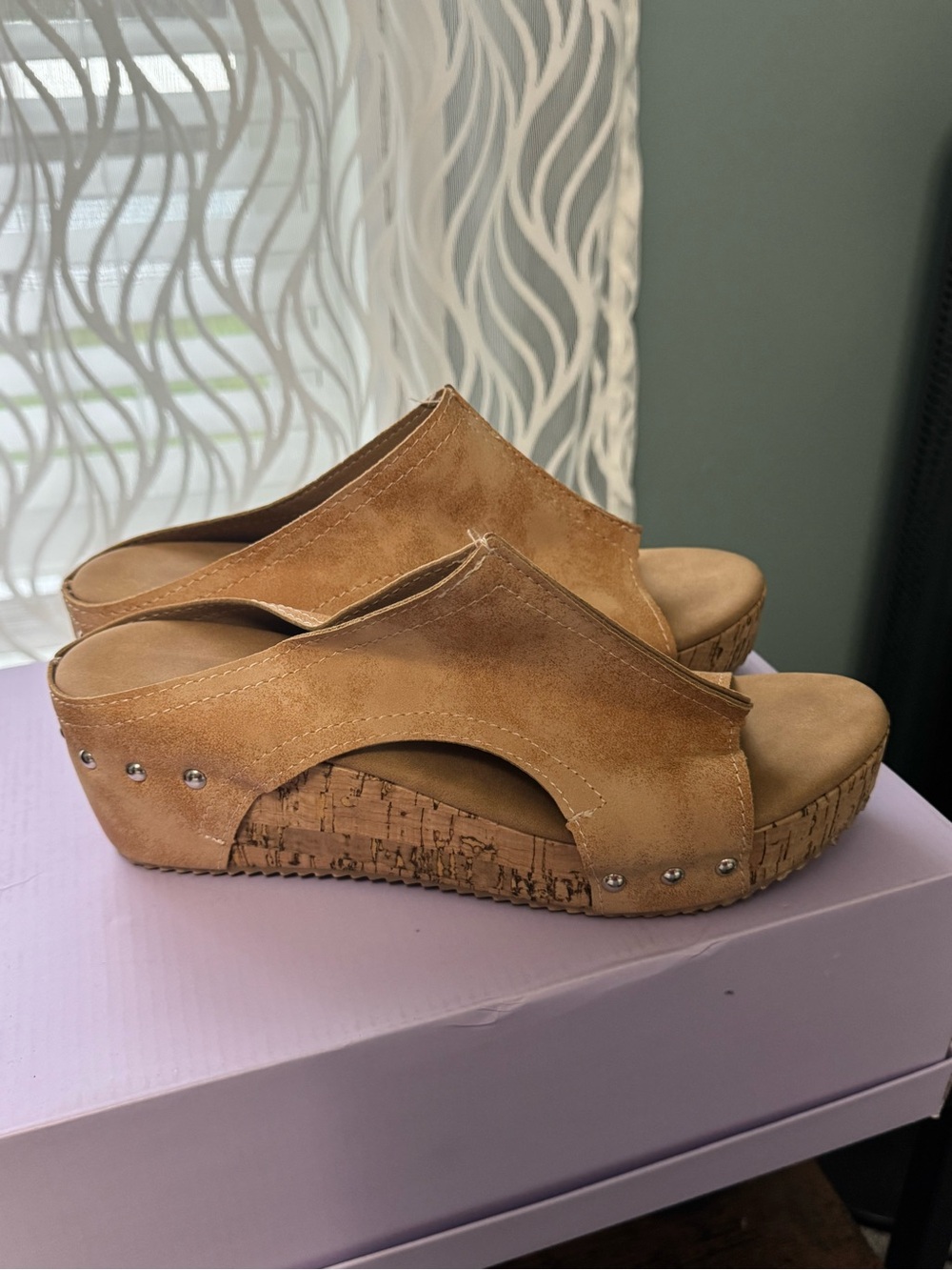 SHEIN Tan Suede Cork Wedge Slide Sandals